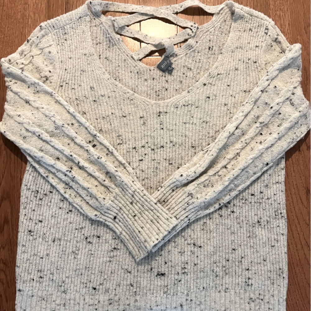 Grey speckled knit off the shoulder sweater